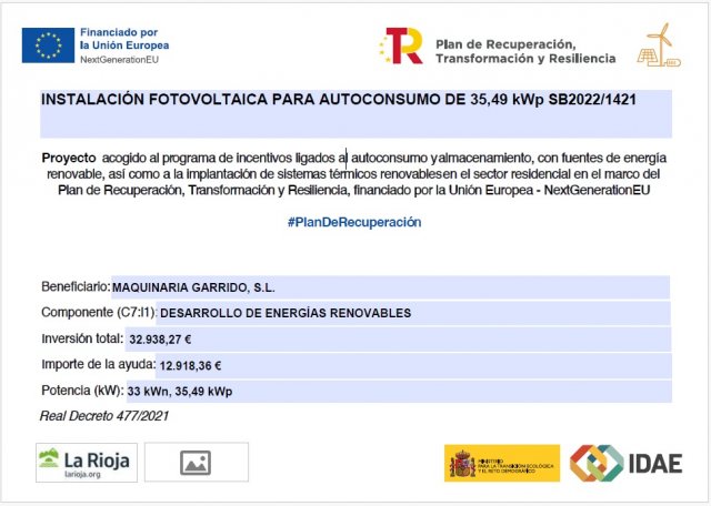 INTALACION FOTOVOLTAICA PARA AUTOCONSUMO DE 35.49 KWP SB2022 1421